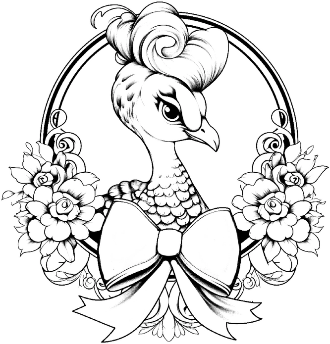 malvorlage-pfau-mit-blumen-und-bogen