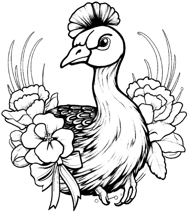 malvorlage-pfau-mit-blumen-und-pflanzen