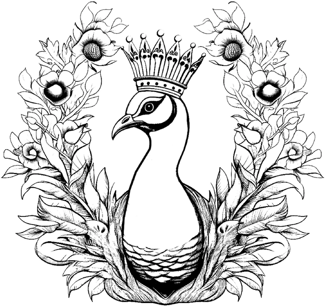 malvorlage-pfau-mit-krone-und-blumenrahmen