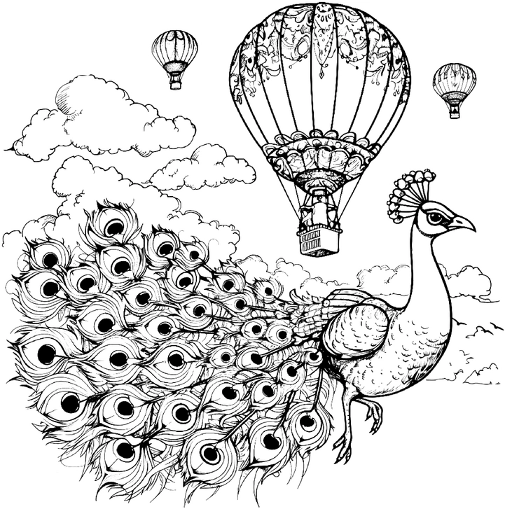 malvorlage-pfau-und-heissluftballons-in-fantasievoller-szene