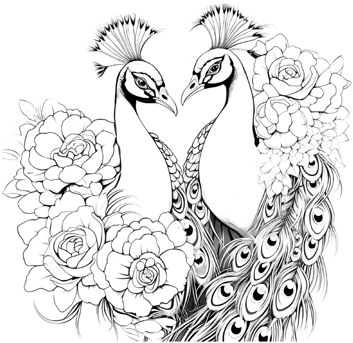 malvorlage-pfauen-mit-blumen