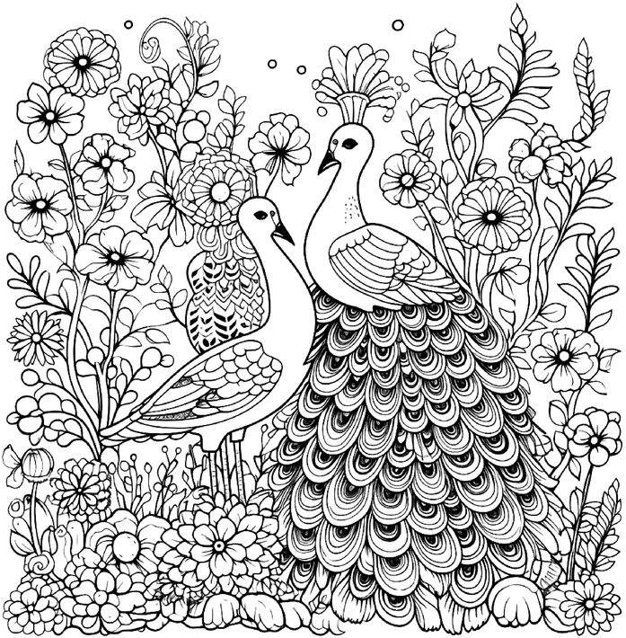 malvorlage-pfauen-und-blumen-ausmalbild