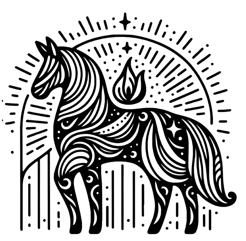 malvorlage-pferd-mit-geschwungenen-linien-und-symbolischen-elementen