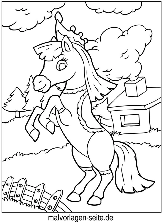 malvorlage-pferd-mit-krone-in-einer-idyllischen-landschaft