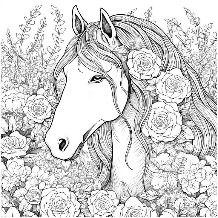 malvorlage-pferd-mit-roesen-und-blumen