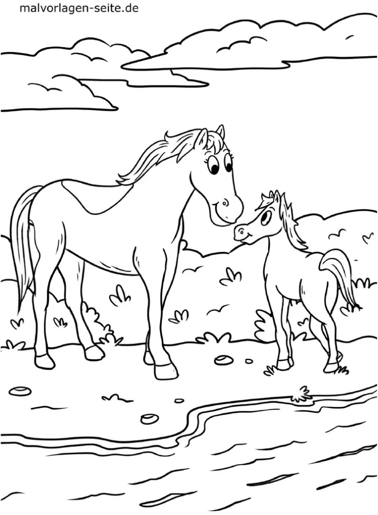 malvorlage-pferd-und-fohlen-am-gewaesser