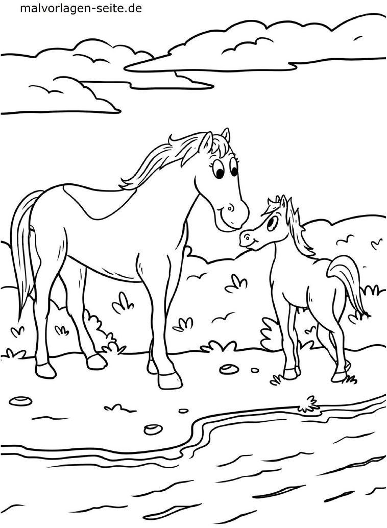 malvorlage-pferd-und-fohlen-am-gewaesser