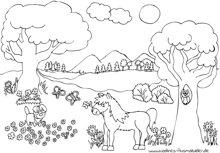 malvorlage-pferd-und-hund-in-der-natur