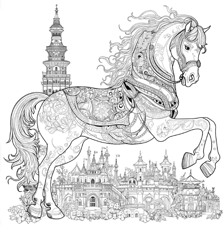 malvorlage-pferd-und-schloss-ausmalen