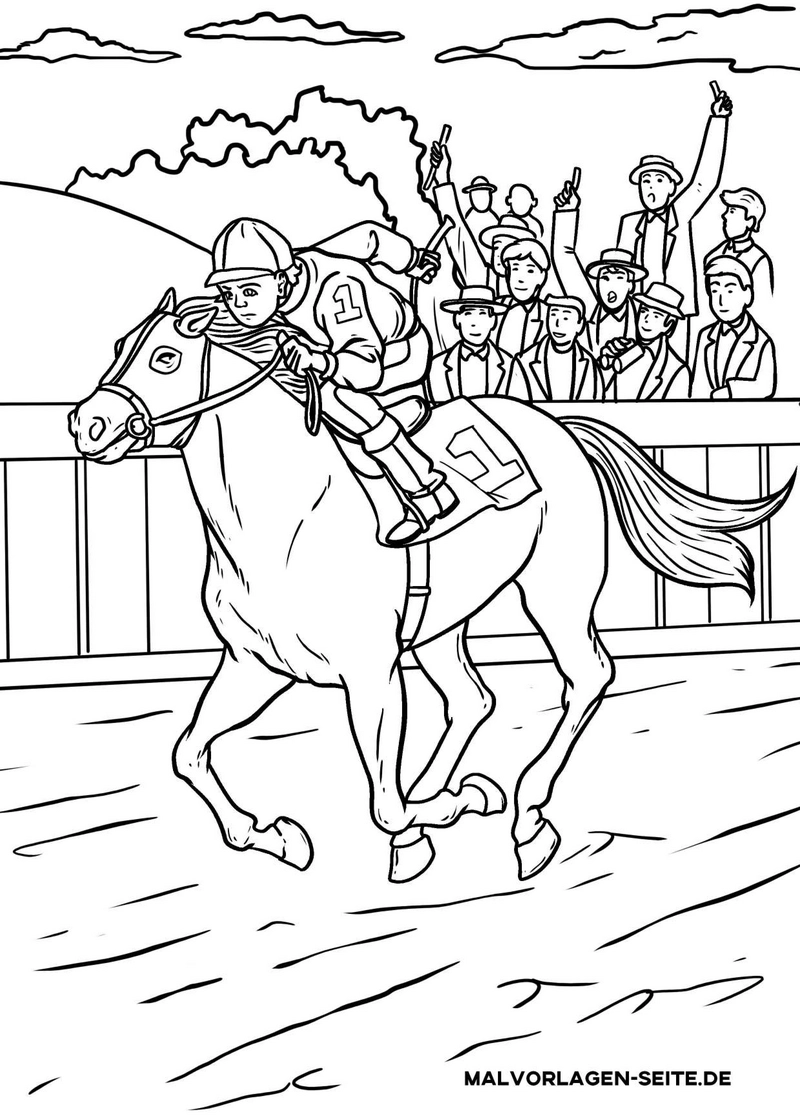 malvorlage-pferderennen-jockey-jubelnde-zuschauer