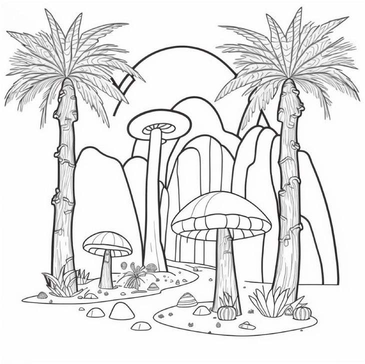 malvorlage-pflanzen-und-pilze-in-einer-fantasiewelt