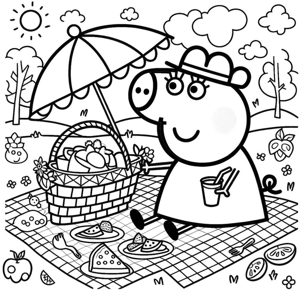 malvorlage-picknick-fröhliche-figur-mit-korb