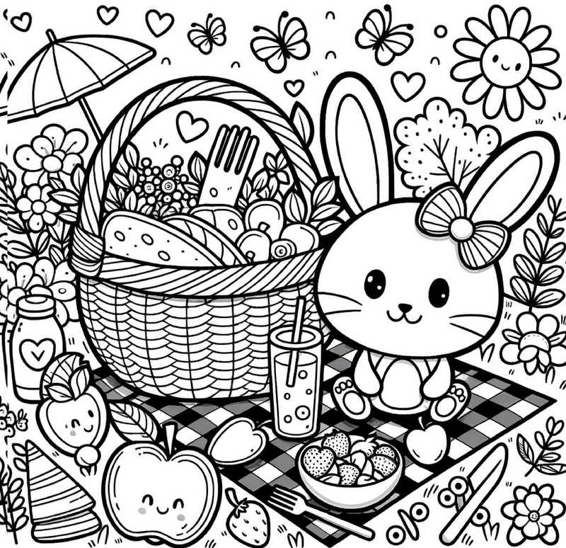 malvorlage-picknick-hase-fruechte-natur