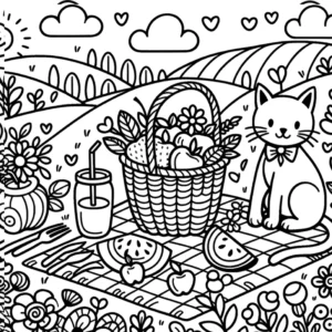 malvorlage-picknick-mit-katze-und-obstkorb