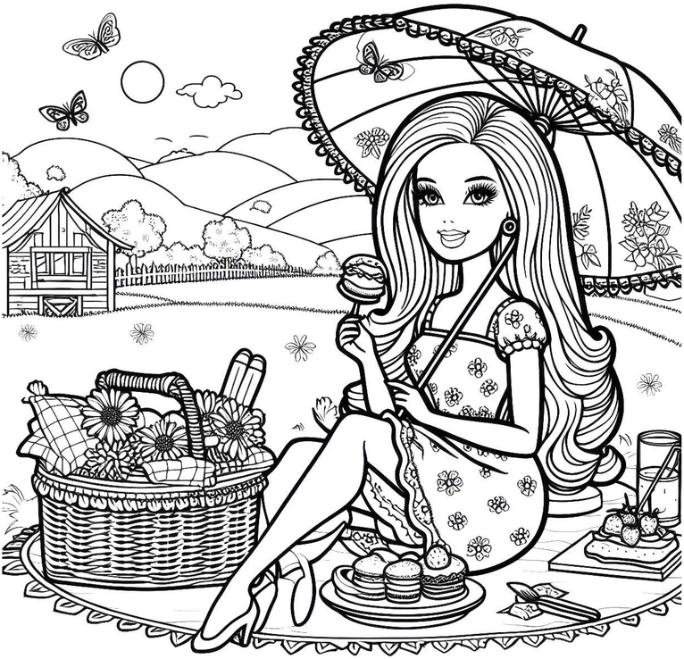malvorlage-picknick-szene-mit-eis-und-blumen