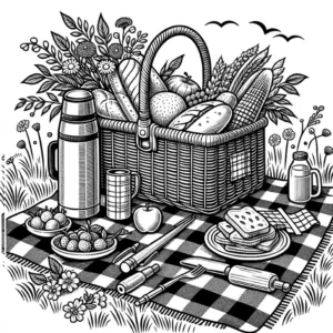 malvorlage-picknickkorb-lebensmittel-blumen