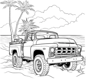 malvorlage-pickup-truck-am-strand-mit-palmen