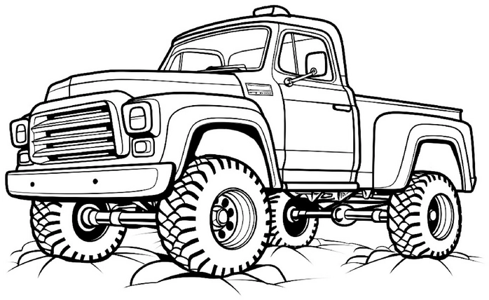 malvorlage-pickup-truck-grossen-reifen-ungleichmaessigem-gelaende