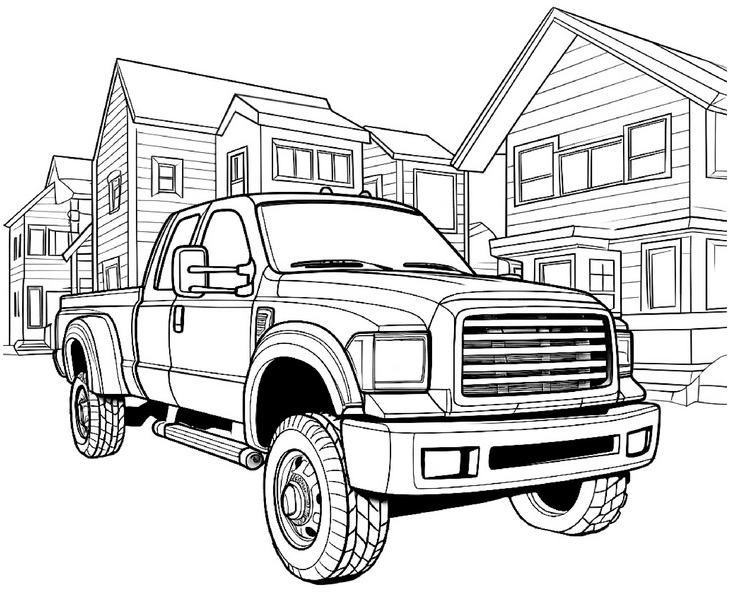 malvorlage-pickup-truck-in-wohnsaiedlung