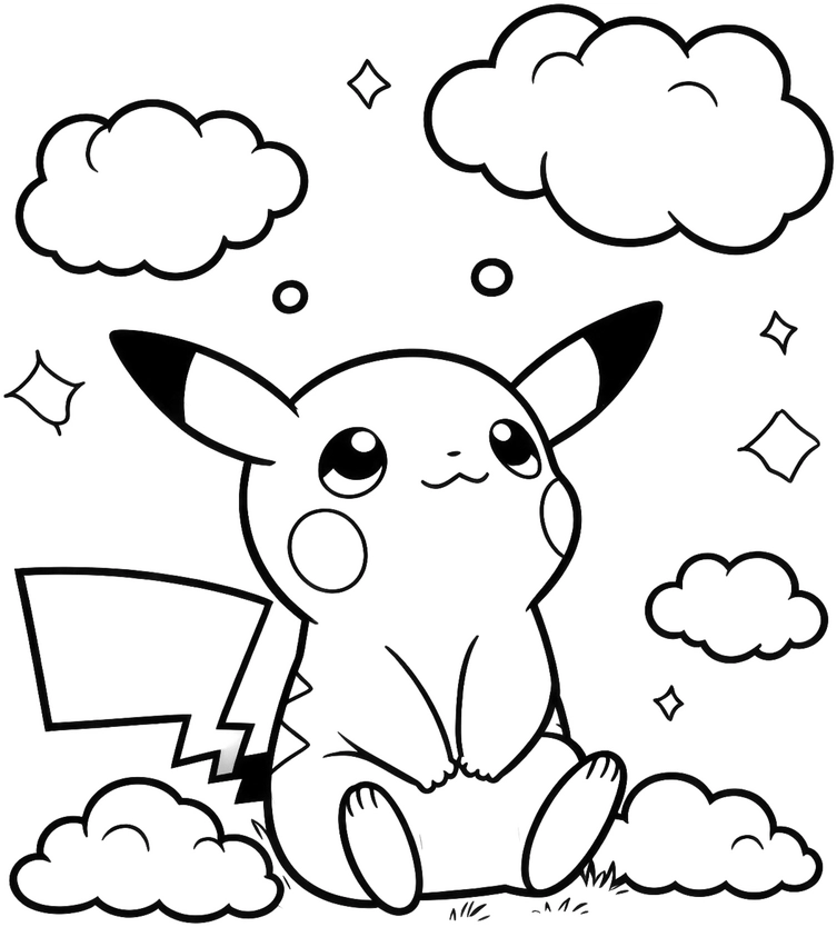 malvorlage-pikachu-in-wolken-und-sternen