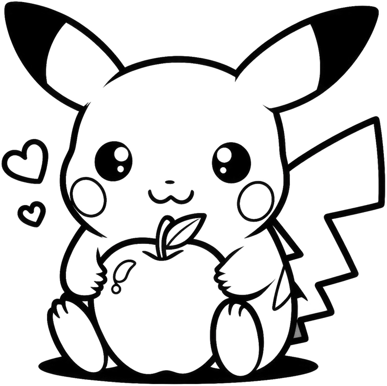 malvorlage-pikachu-mit-apfel-und-herzen