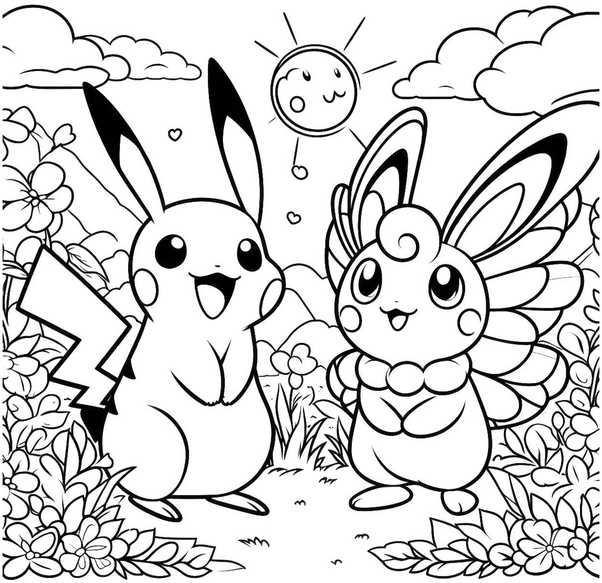 malvorlage-pikachu-und-schmetterling-in-froehlicher-natur