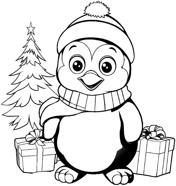 malvorlage-pinguin-weihnachtsbaum-und-geschenke