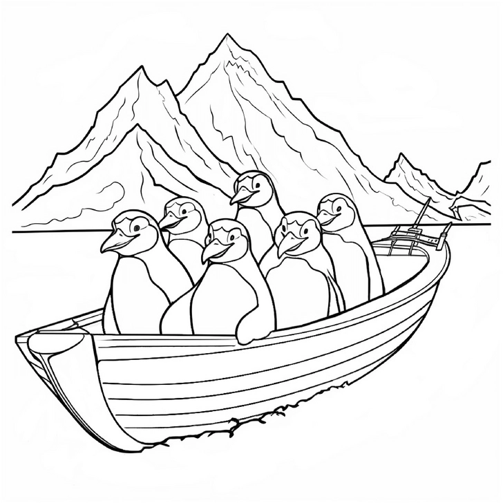 malvorlage-pinguine-im-boot-vor-bergen