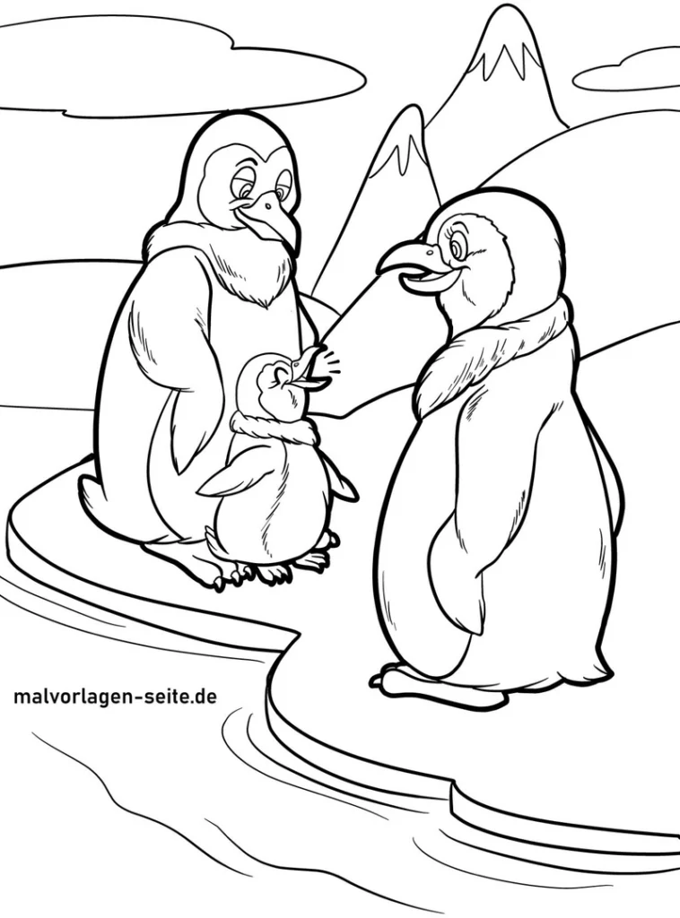 malvorlage-pinguine-in-einer-winterlichen-landschaft
