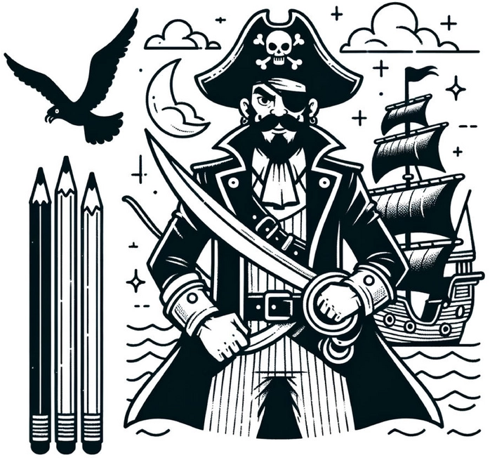 malvorlage-pirat-mit-schiff-und-vogel