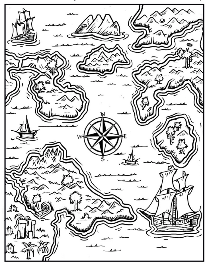 malvorlage-piraten-schatzkarte-mit-schiffen-und-inseln