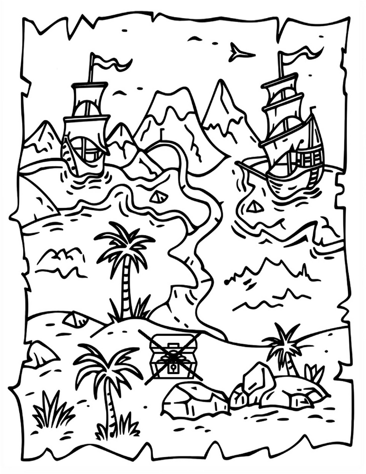 malvorlage-piratenabenteuer-mit-schiffen-und-bergen