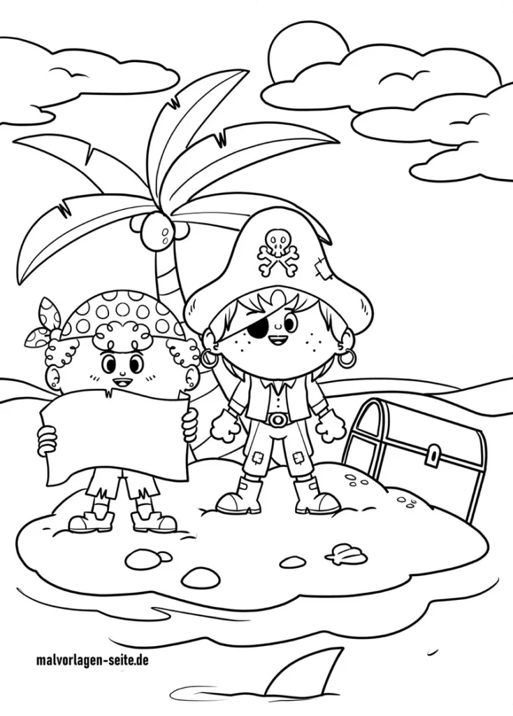 malvorlage-pirateninsel-mit-schatzkarte-und-palmen
