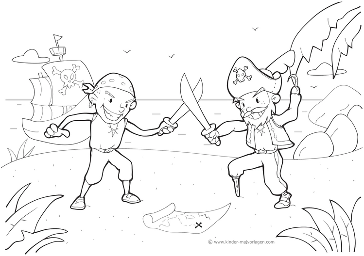 malvorlage-piratenkampf-mit-schatzkarte-und-schiff