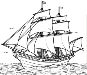 malvorlage-piratenschiff-mit-segeln-und-wellen