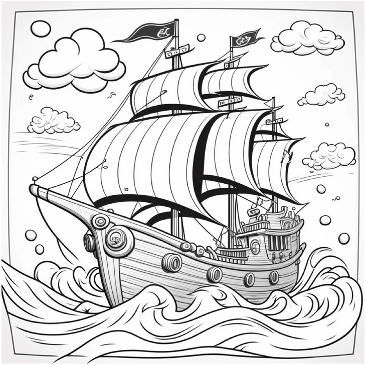 malvorlage-piratenschiff-mit-wolken-und-wellen