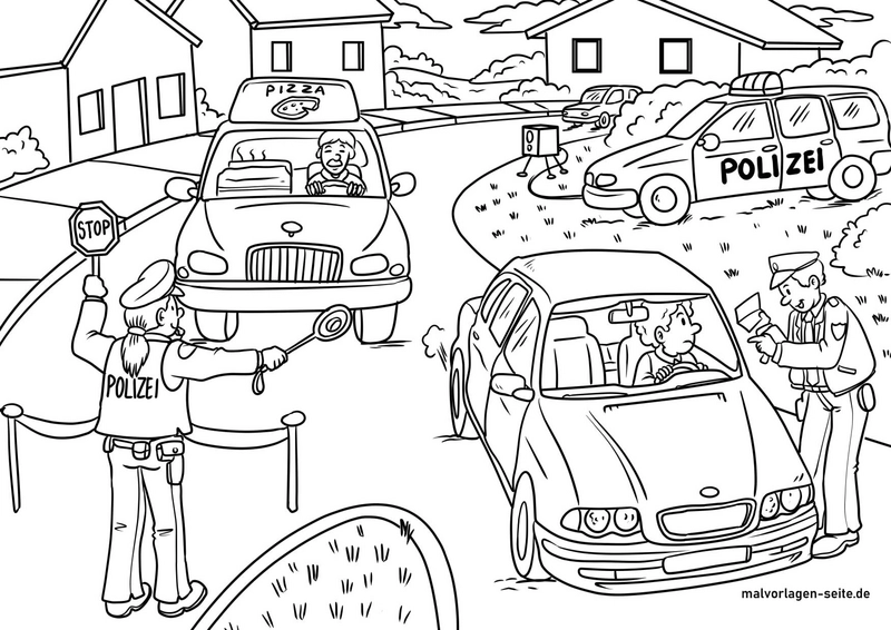 malvorlage-polizei-im-verkehr-und-pizzalieferdienst