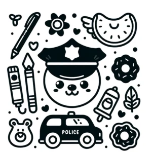 malvorlage-polizei-mit-tier-und-symbolen-zum-ausmalen