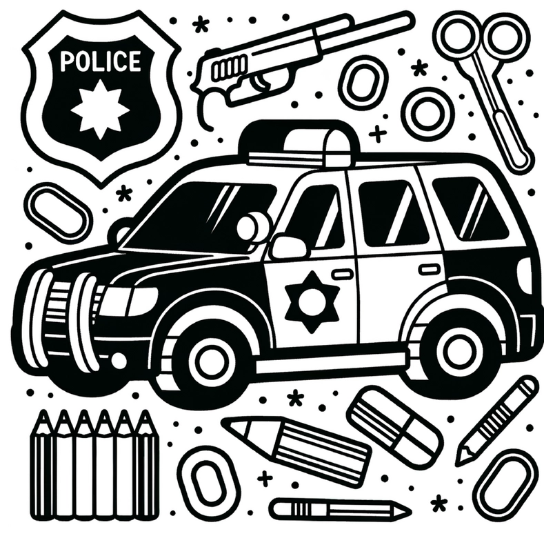 malvorlage-polizeiauto-buerogegenstaende