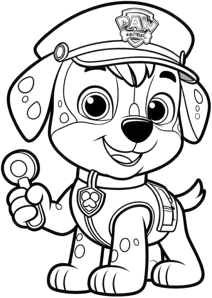 malvorlage-polizeihund-mit-muetze-und-spielzeug