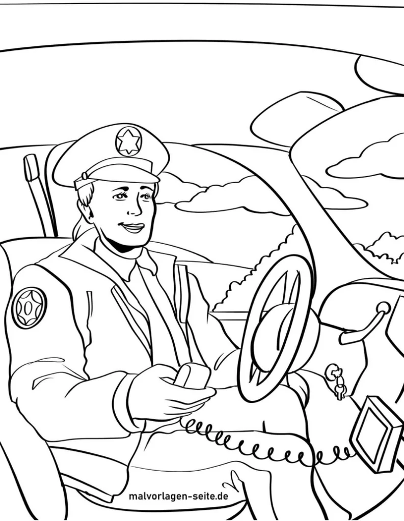 malvorlage-polizist-im-polizeiauto-mit-funkgeraet