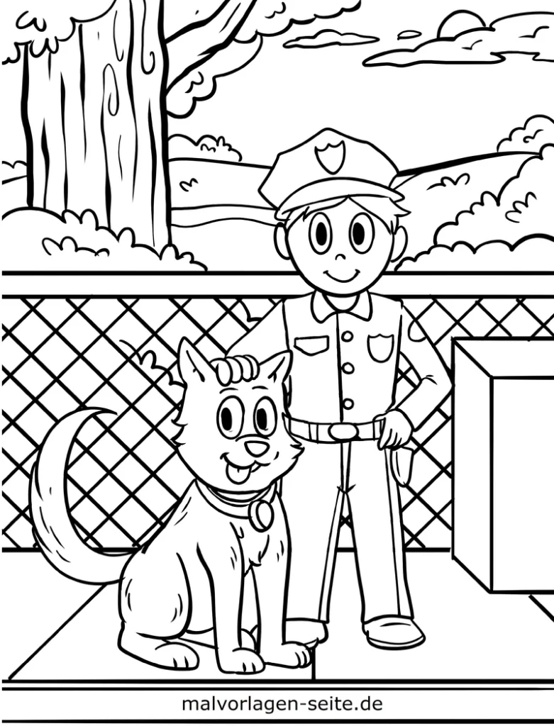 malvorlage-polizist-mit-hund-im-park