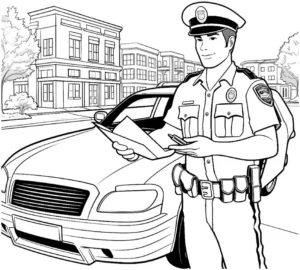 malvorlage-polizist-neben-polizeiwagen