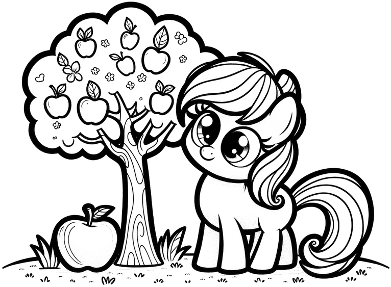 malvorlage-pony-mit-apfelbaum-zum-ausmalen
