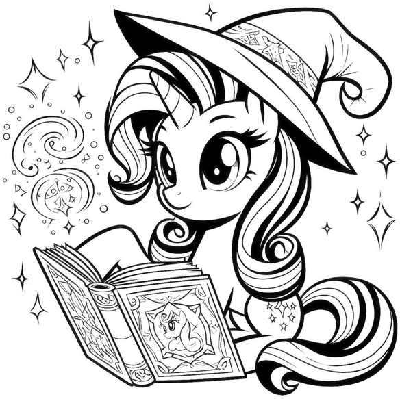 malvorlage-pony-mit-zauberhut-und-buch