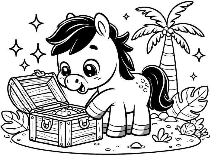 malvorlage-pony-schatztruhe-unter-palmen