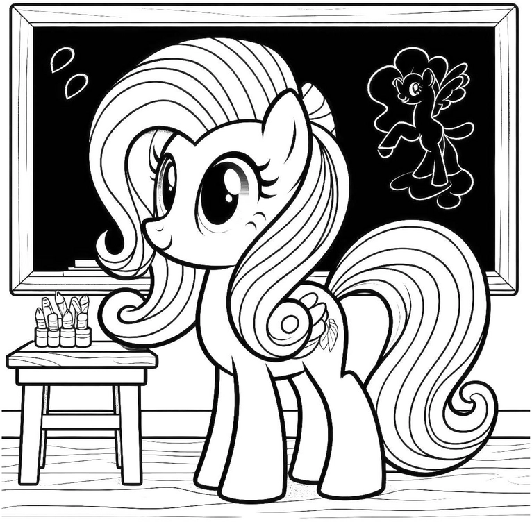 malvorlage-pony-vor-tafel-mit-stiften