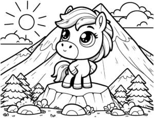 malvorlage-ponys-in-berglandschaft-und-sonne