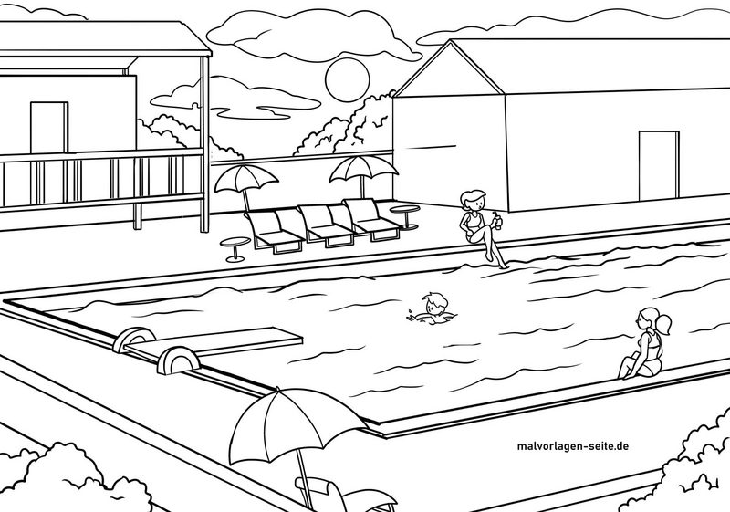 malvorlage-poolszene-schwimmer-sonnenuntergang