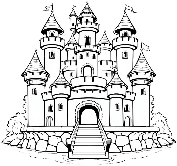 malvorlage-praechtiges-schloss-mit-tuerme-und-treppen